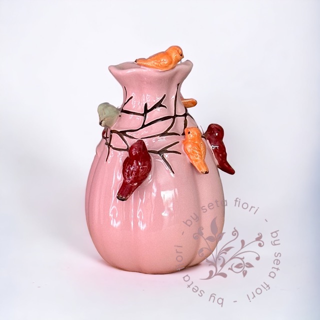 prijs mager verjaardag Vaasje - decor vogels - roze - 17-19cm - Seta Fiori