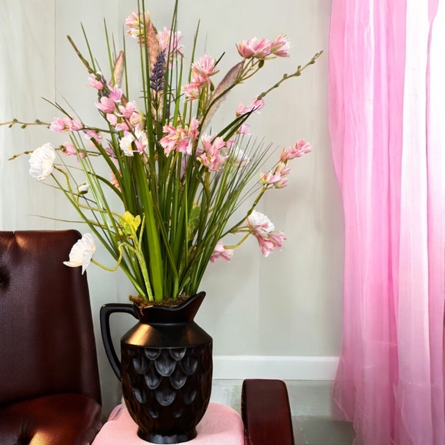 Kunstbloemen -Zwarte vaas boeket- Nepbloemen - kunstgras boeket