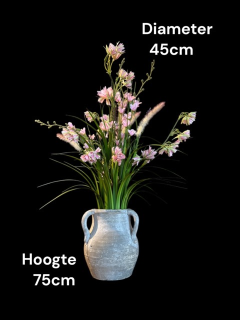 Sierlijke kunstbloemen in kruik – Roze grasbloemen  -75 cm hoog