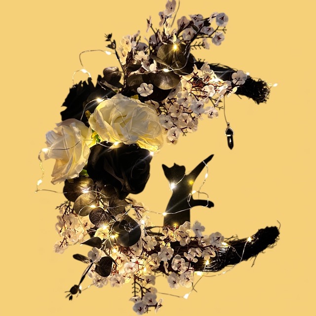 Halve Maan Krans met Kat - verlichting - zwart wit