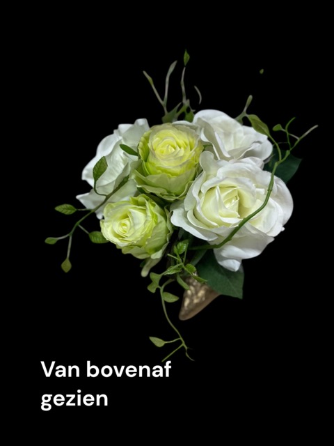 Kunstbloemstuk - Graf bloemstuk - wit groen - gouden hart - 20 cm