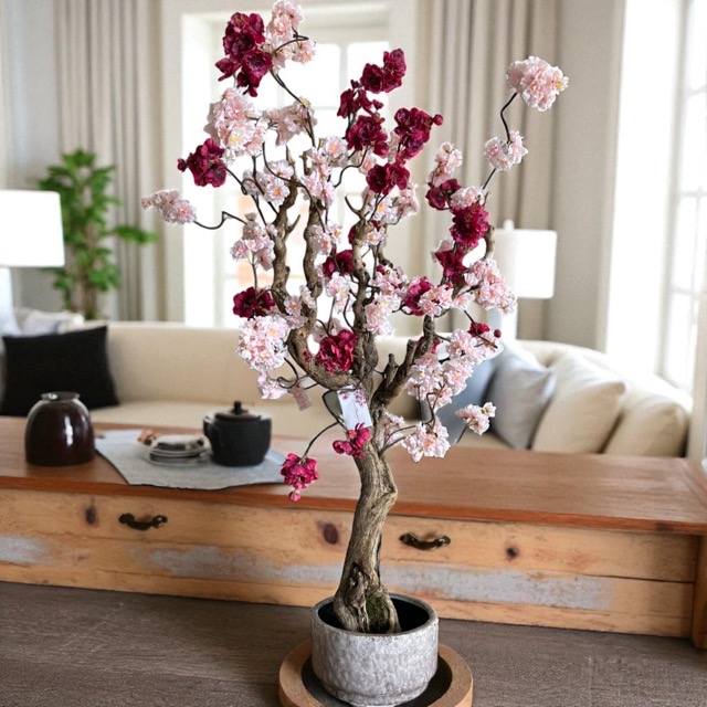 Kunstbloesemboom - 120 cm – Zachtroze & Aubergine Donkerroze - Handgemaakt op Echte Houten Takken