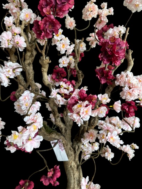 Kunstbloesemboom - 120 cm – Zachtroze & Aubergine Donkerroze - Handgemaakt op Echte Houten Takken