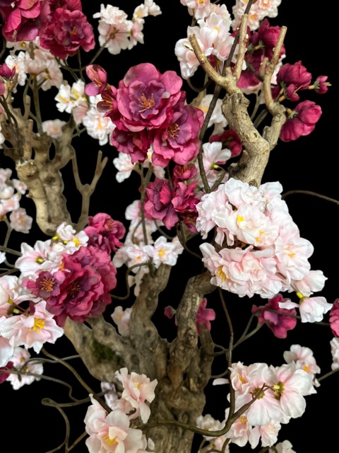 Kunstbloesemboom - 120 cm – Zachtroze & Aubergine Donkerroze - Handgemaakt op Echte Houten Takken