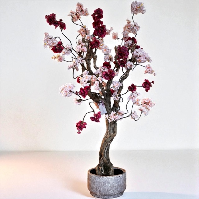 Kunstbloesemboom - 120 cm – Zachtroze & Aubergine Donkerroze - Handgemaakt op Echte Houten Takken