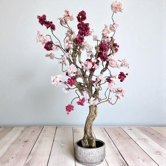 Kunstbloesemboom - 120 cm – Zachtroze & Aubergine Donkerroze - Handgemaakt op Echte Houten Takken