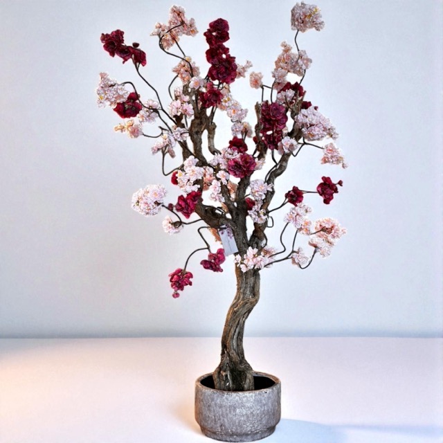 Kunstbloesemboom - 120 cm – Zachtroze & Aubergine Donkerroze - Handgemaakt op Echte Houten Takken