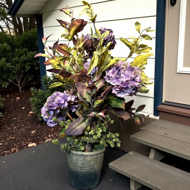 Kunstplant - Hortensia struik in landelijke pot – Herfstarrangement met hopranken – 100 cm hoog