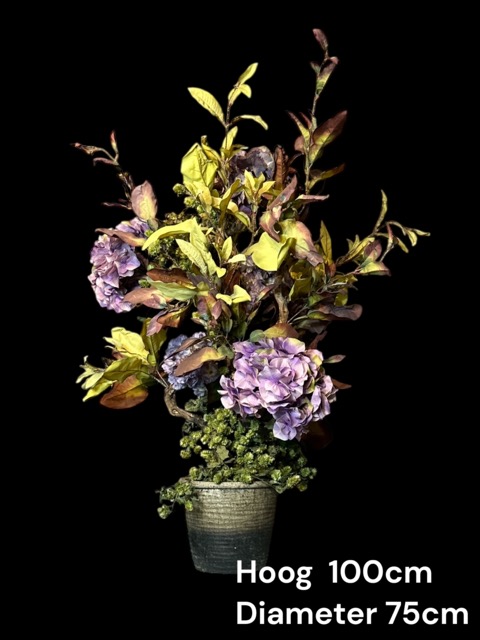 Kunstplant - Hortensia struik in landelijke pot – Herfstarrangement met hopranken – 100 cm hoog