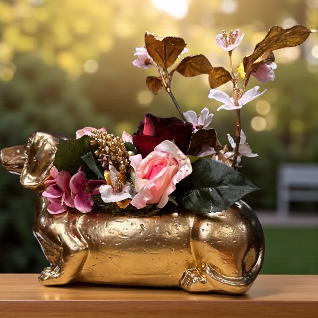Kunstbloemen - Gouden Teckel Bloemstuk – Handgemaakt Arrangement in Roze en Goud