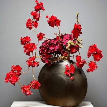 Kunstbloesem - Winter Chique - Metalen Vaas – Rode Sakura - 65 cm hoog